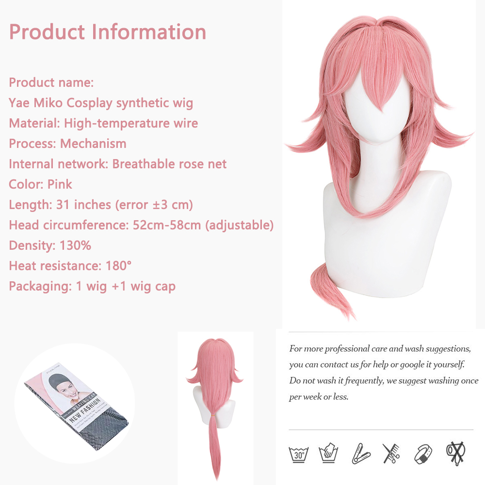 Yae Miko Cos Wig Pink Natural  - Cosplay Anime Yae Miko avaliação e preço