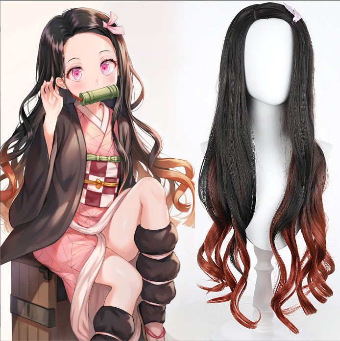 Synthetic Long Wavy Orange Bla - Anime Cosplay Nezuko avaliação e preço